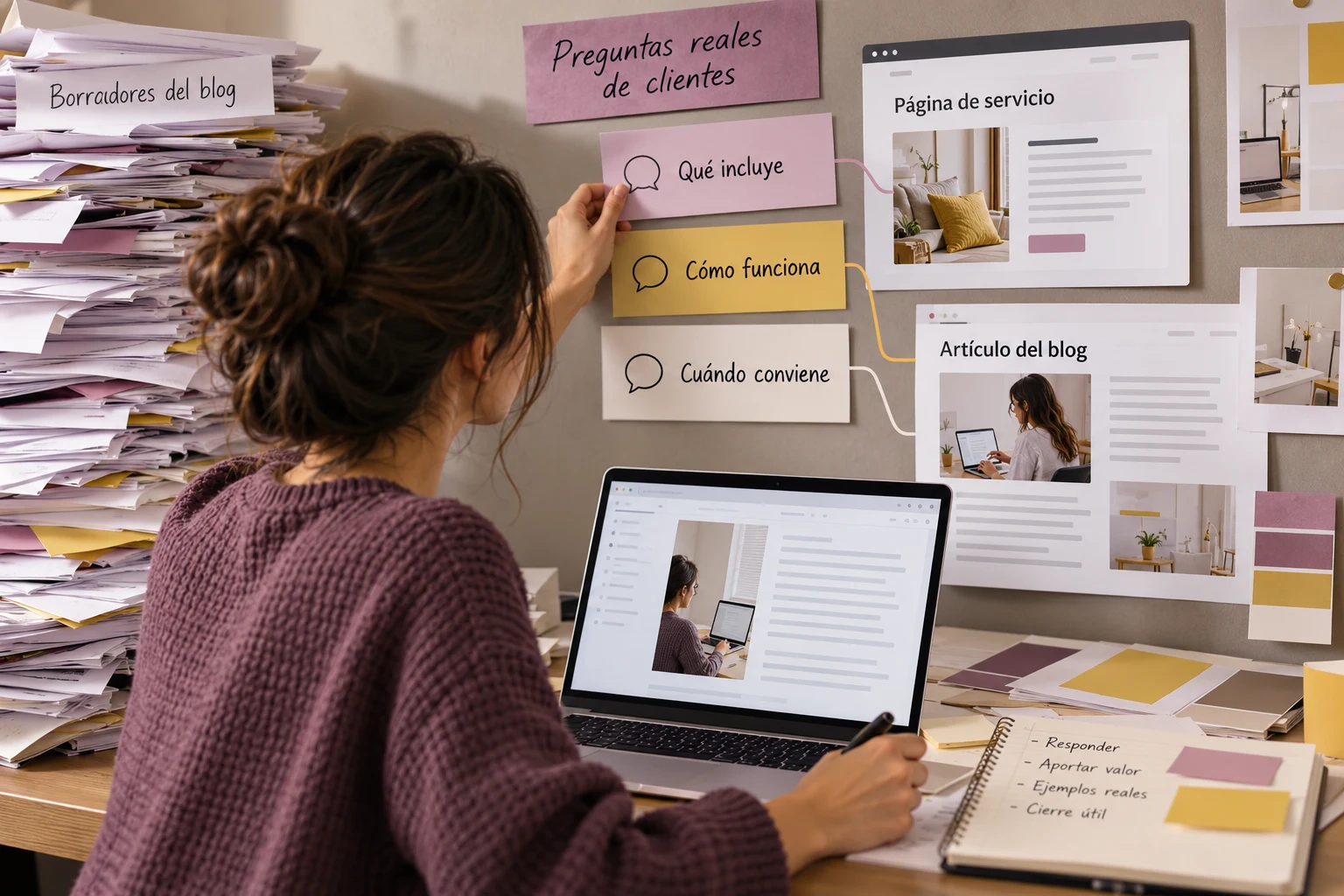 Planificación de contenidos a partir de preguntas reales sobre servicios, proceso y encaje.