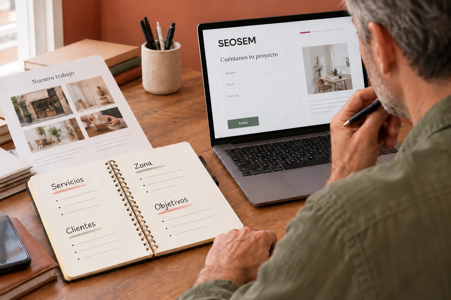 Preparación de una consulta a SEOSEM con notas sobre servicios, clientes, zona y objetivos.