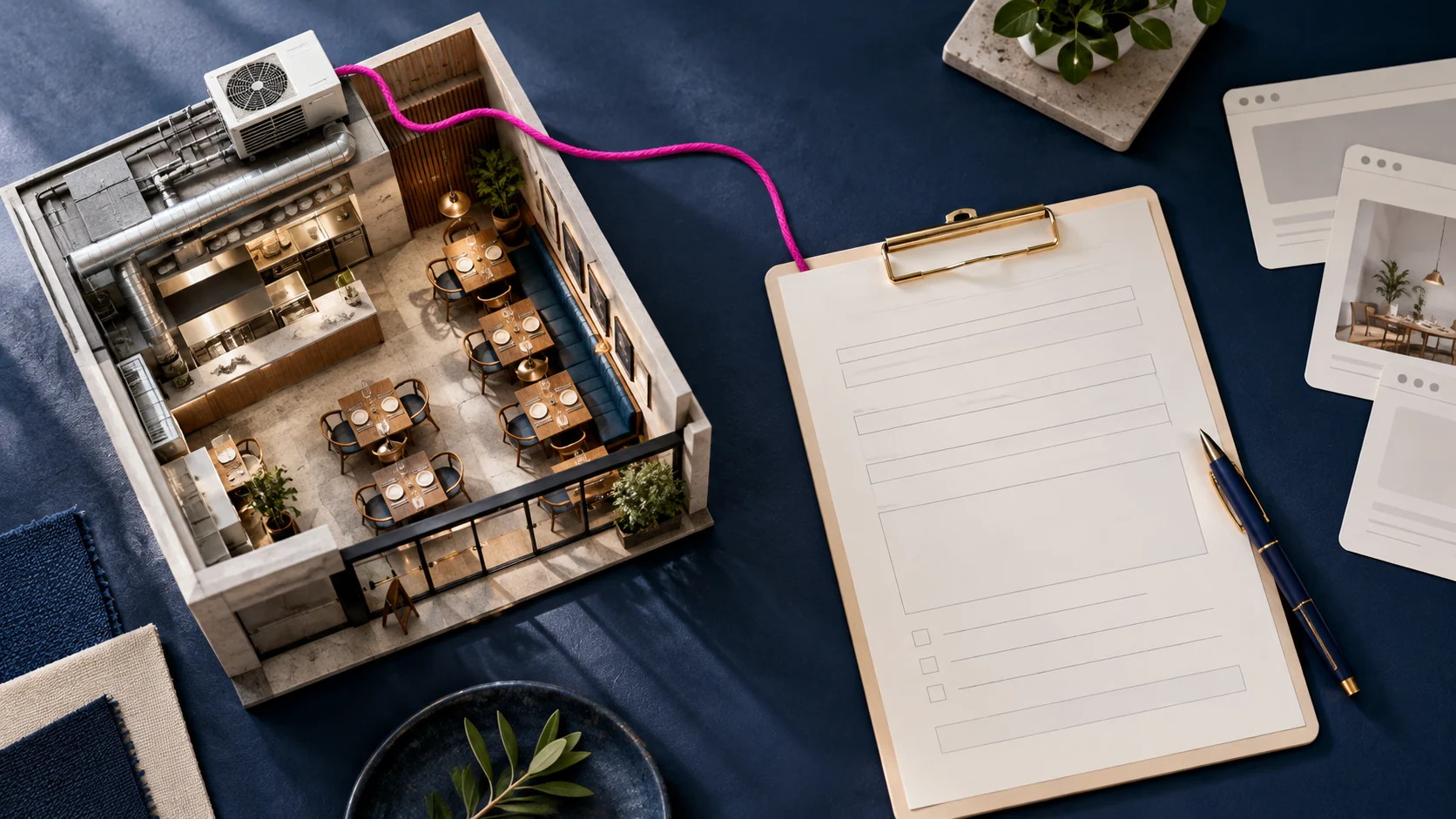 Maqueta de un restaurante con climatización conectada a un formulario de consulta, como ejemplo de una necesidad que el SEO puede atender.