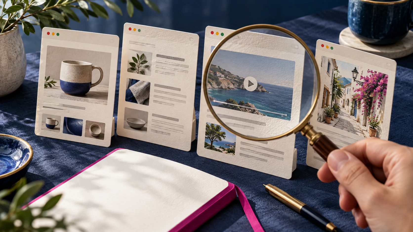 Distintos formatos de resultados de búsqueda comparados con una lupa y un cuaderno para identificar necesidades y diferencias útiles.