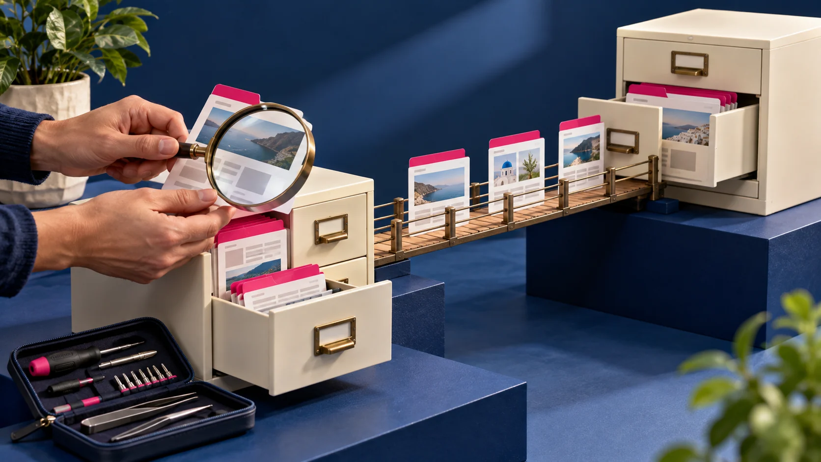 Tarjetas web trasladadas entre dos archivos mediante correspondencias visibles y revisadas con lupa para representar una migración controlada.