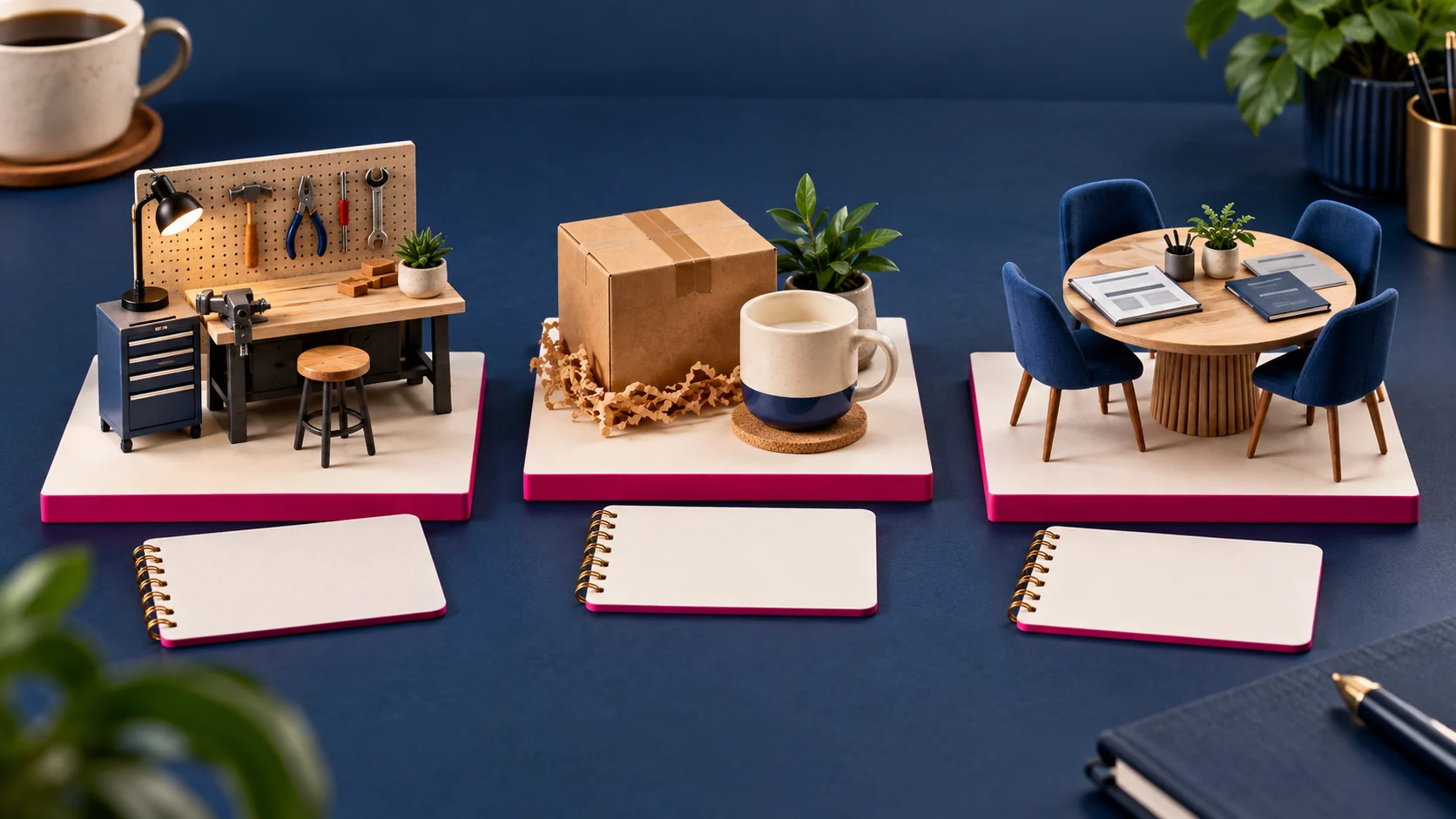 Tres maquetas didácticas de servicio local, tienda online y negocio B2B para ilustrar los casos simulados de la guía.