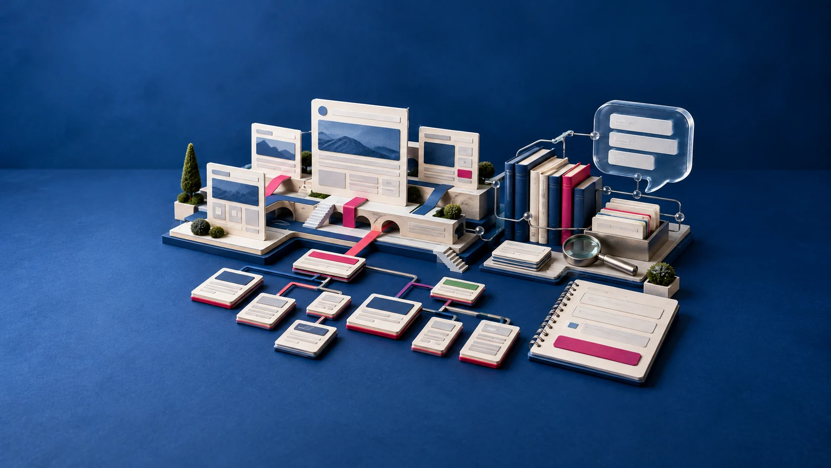 Maqueta de páginas web conectadas con una biblioteca, una lupa y un bocadillo de respuesta sobre fondo azul.