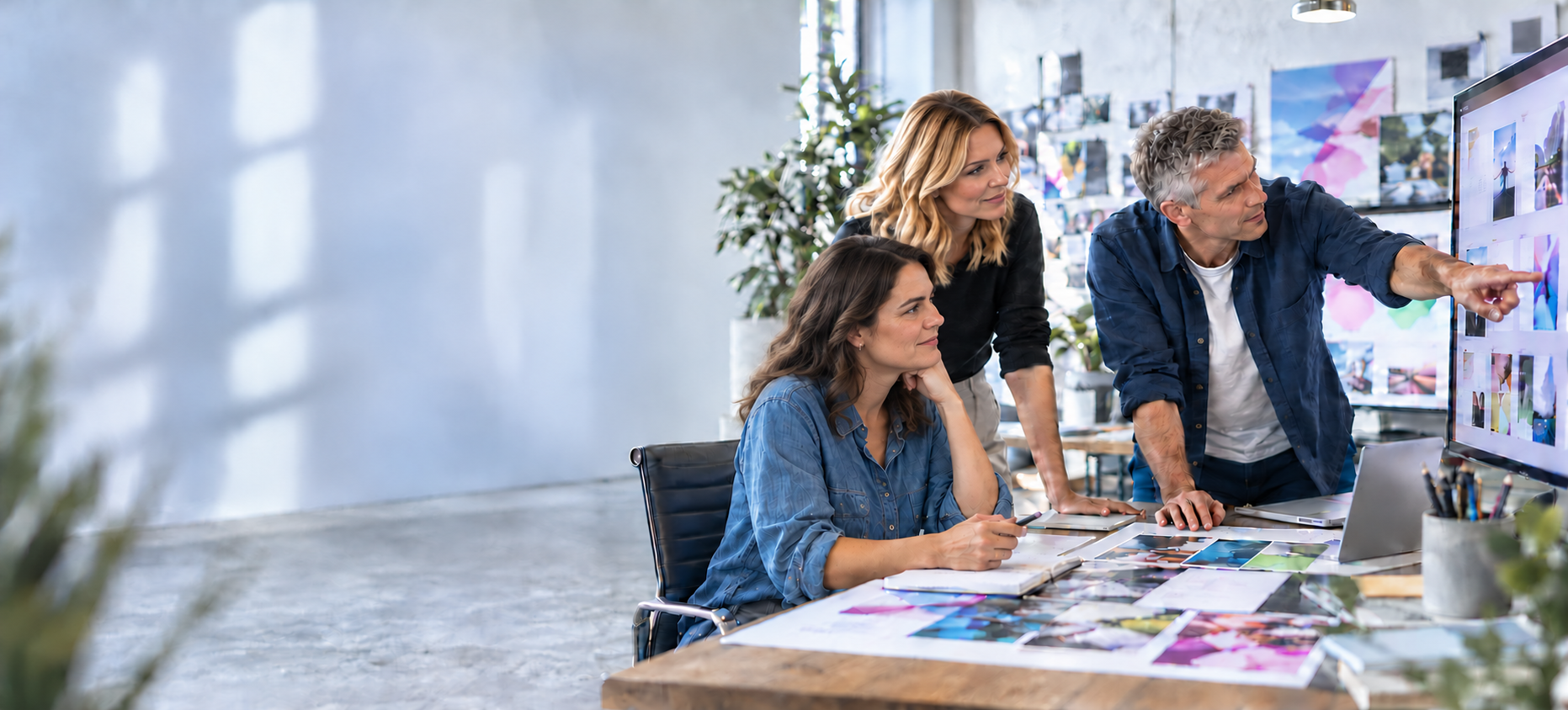 Equipo de una agencia creativa revisando campañas y diseños en su estudio
