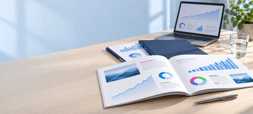 Composición conceptual de informes y gráficas de resultados sobre una mesa de trabajo